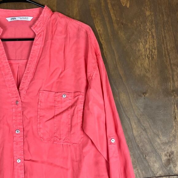 Zara Womens Blouse Coral Utility V Neck Button Down Long Sleeve Medium - Picture 5 of 12